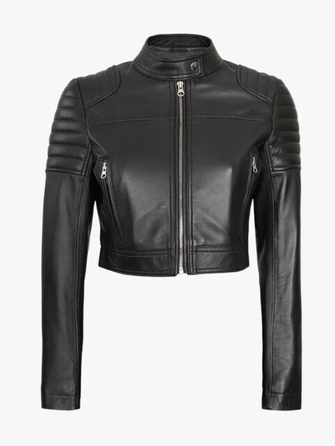 Womens Black Cropped Leather Moto Jacket