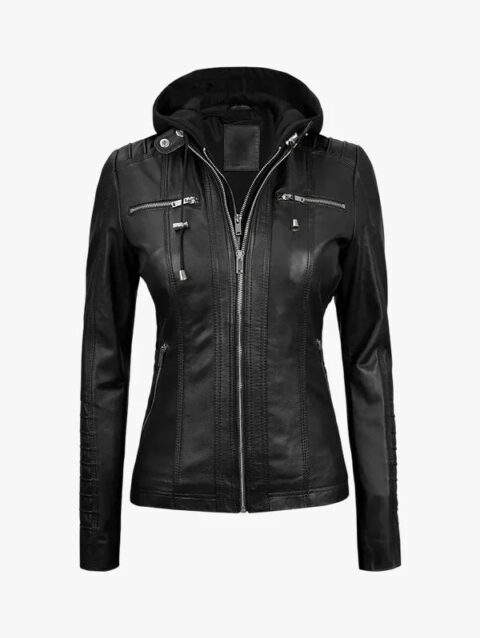 Womens Black Hooded Leather Jacket