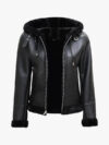 Womens Black Leather Hooded Shearling Jacket