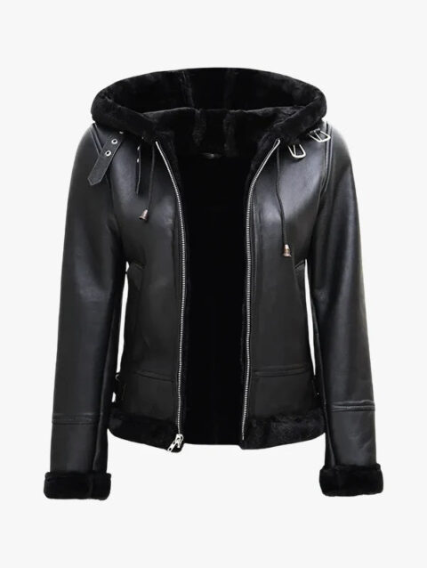 Womens Black Leather Hooded Shearling Jacket