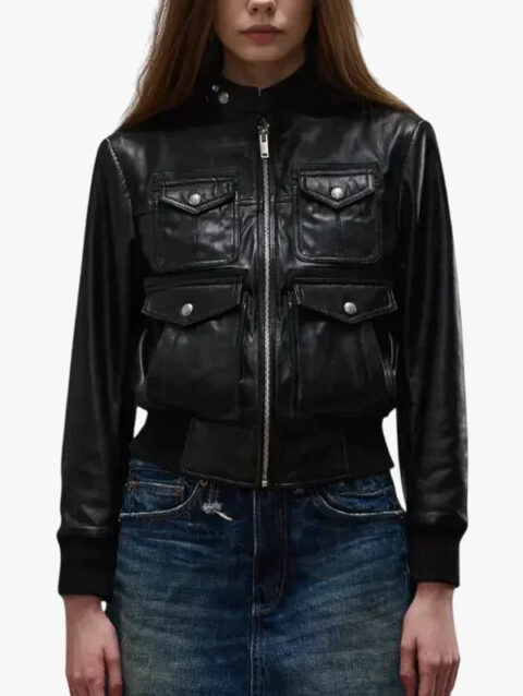Womens Emma Black Leather Bomber Jacket