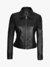 Womens Harrington Style Black Real Leather Jacket Front