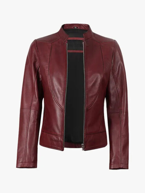 Womens Maroon Leather Biker Jacket