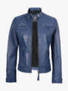 Womens Real Lambskin Blue Quilted Biker Jacket