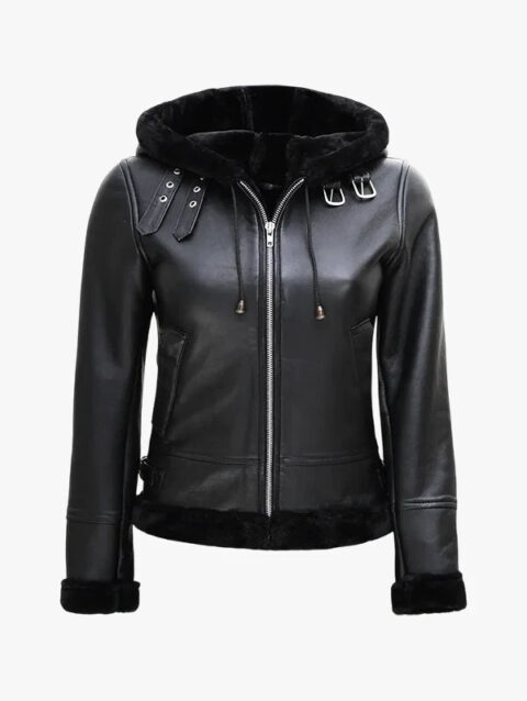 Womens Shearling Black Real Leather Hooded Jacket