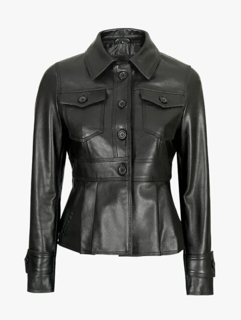Womens Short Body Black Peplum Leather Jacket Front