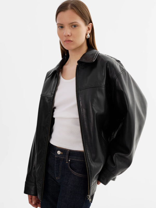 lamarque theia oversized leather bomber jacket in black