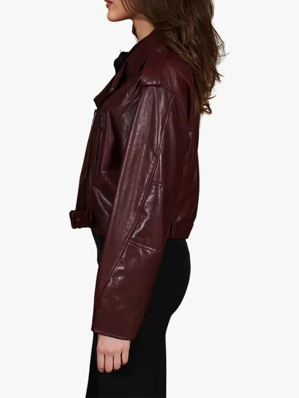 womens Xenia Bordeaux leather biker jacket vintage short version