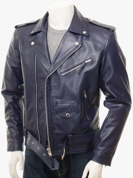 ASHCOMBE Men s Navy Leather Biker Jacket