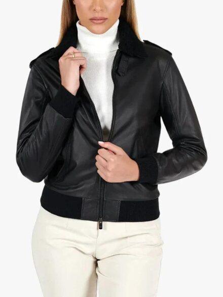 Antea Black Lamb Women s Leather Bomber Jacket