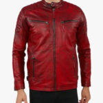 Asher Distressed Red Quilted Racer Leather Jacket Front