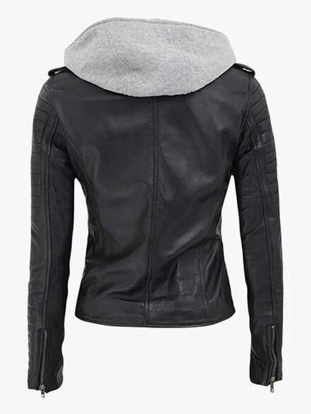 Bagheria Black Leather Biker Jacket With Removable Hood