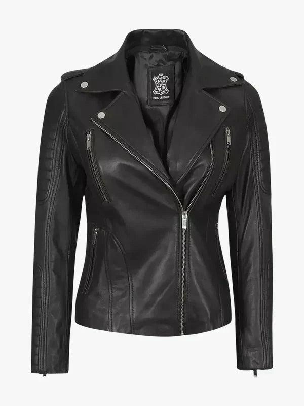Bagheria Black Leather Biker Jacket With Removable Hood For Women s