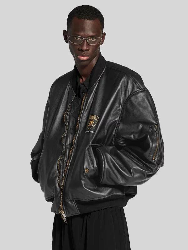 Balenciaga I Automobili Lamborghini Black Bomber Leather Jacket
