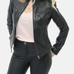 Belted Collar Black Leather Jacket Womens