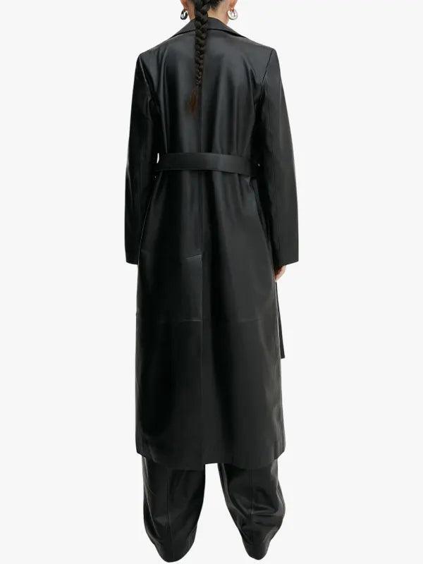 Black Leather Wrap Trench Coat For Women's