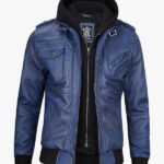 Blue Bomber Men s Leather Jacket with Hood