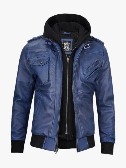 Blue Bomber Men s Leather Jacket with Hood