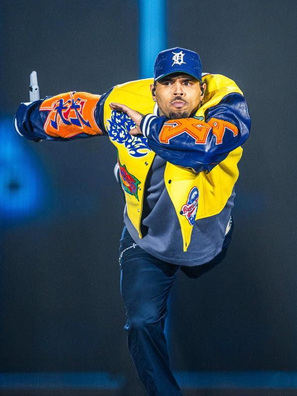 Breezy Bowl Chris Brown Varsity Jacket Yellow Blue and