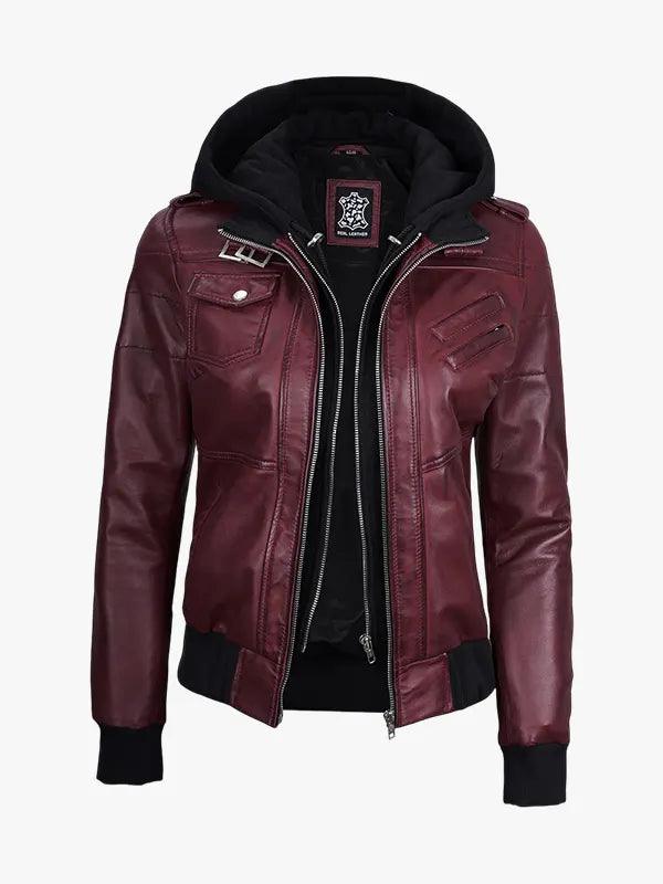 Burgundy Leather Jacket with Removable Hood For Women