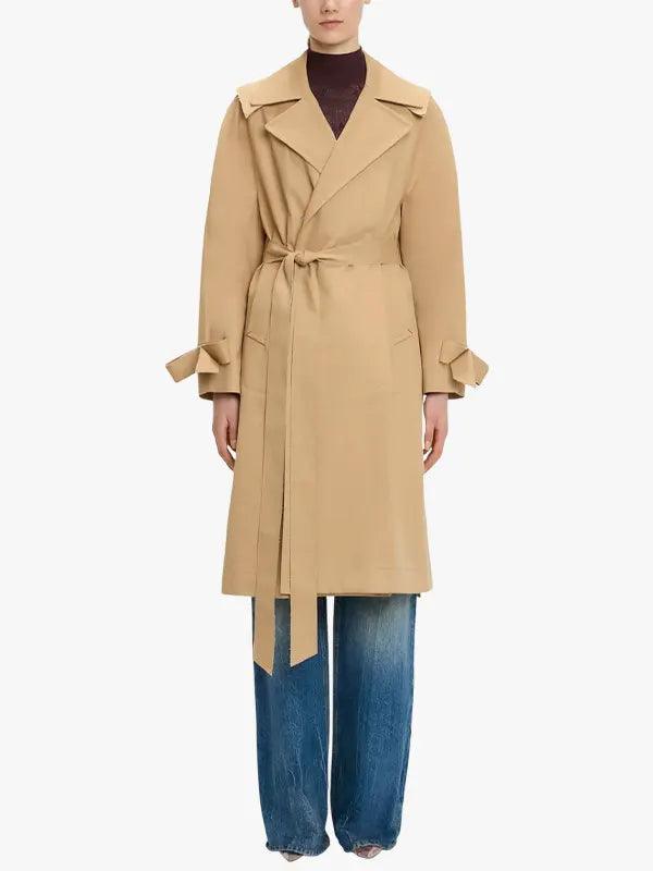 Camel Belted Wrap Longline Trench Coat For Women's