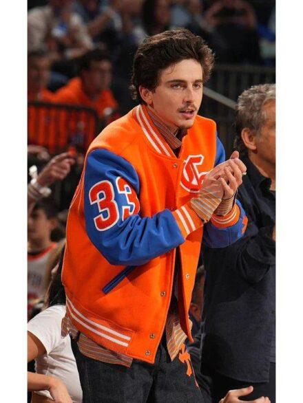 Chrome Hearts Timothee Chalamet Varsity Jacket Orange and Blue