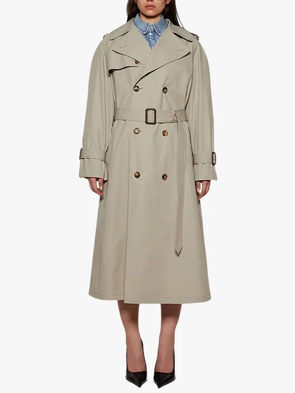 Classic Double-Breasted Belted Long Trench Coat For Women's