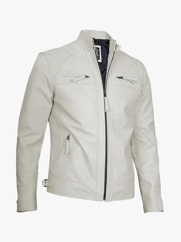 Classic Men s Off White Caf Racer Leather Jacket