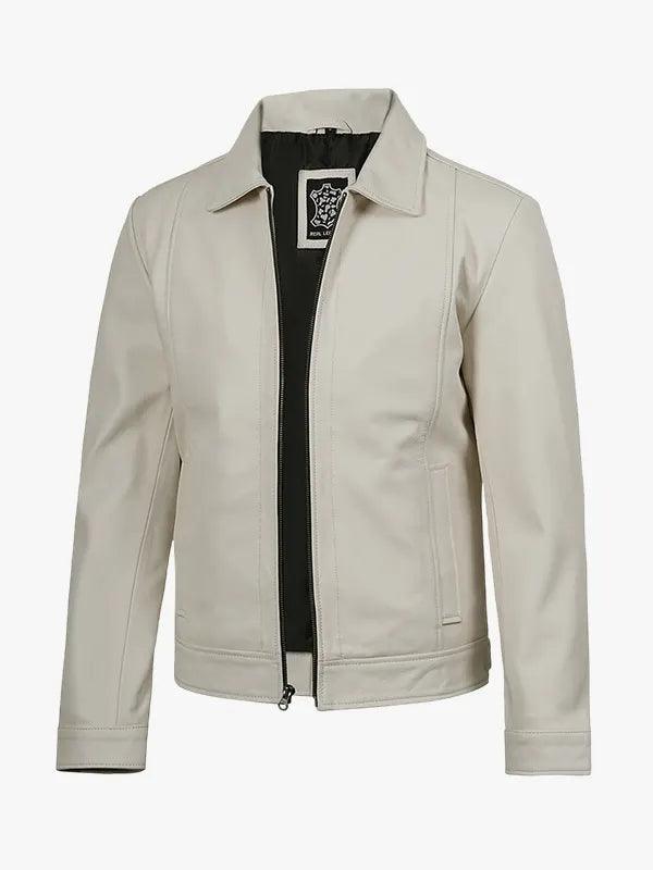 Classic Men s Off White Shirt Collar Harrington Leather Jacket