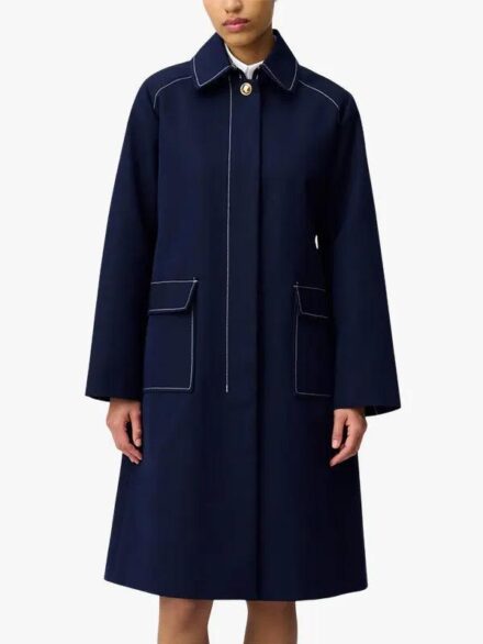 Contrast Stitch Navy Blue Long Trench Coat For Women's