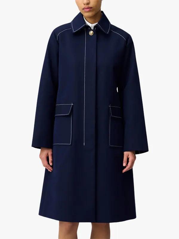 Contrast Stitch Navy Blue Long Trench Coat For Women's
