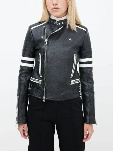 Diesel Black White Leather Moto Jacket