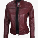 Dodge Women s Burgundy Cafe Racer Leather Jacket