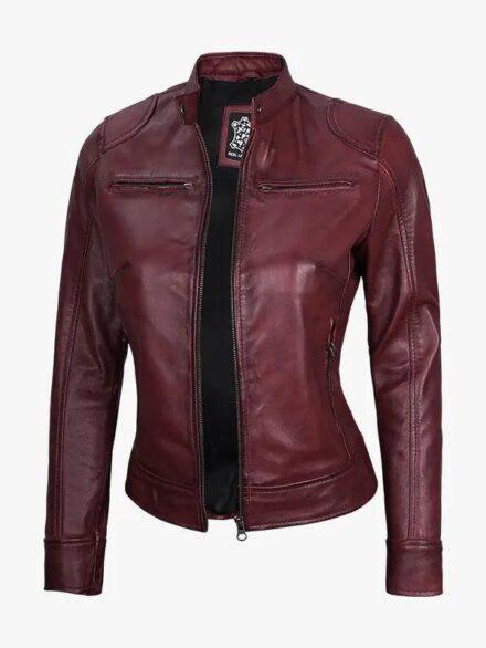 Dodge Women s Burgundy Cafe Racer Leather Jacket