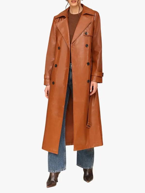 Double Breasted Brown Leather Belted Trench Coat For Women's