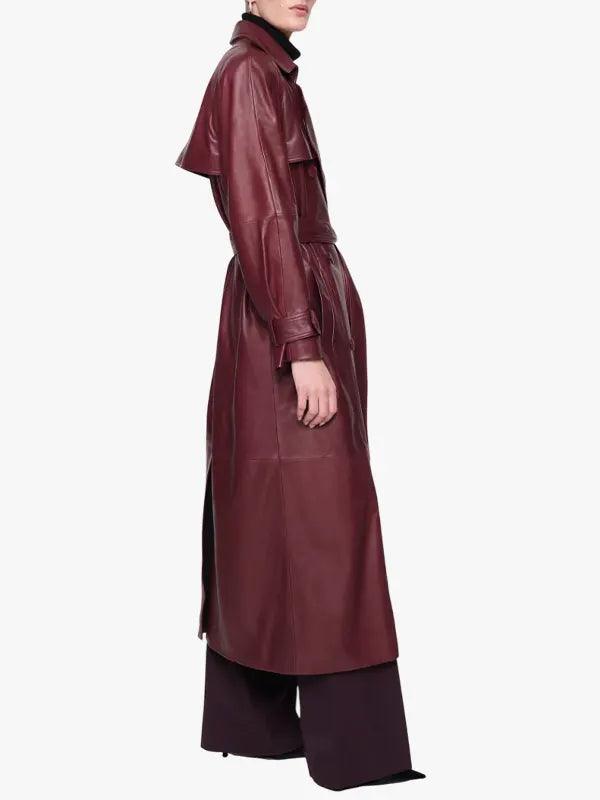 Double-Breasted Burgundy Leather Trench Coat For Women's