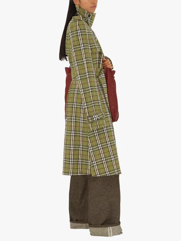 Double breasted Long Check Stretch Linen Trench Coat