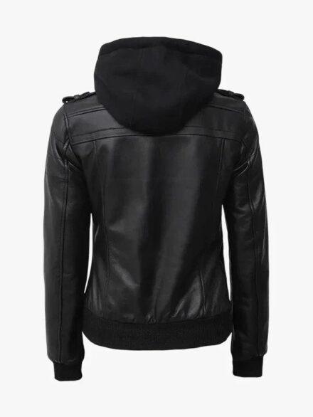 Edinburgh Bomber Black Leather Jacket with Removable Hood