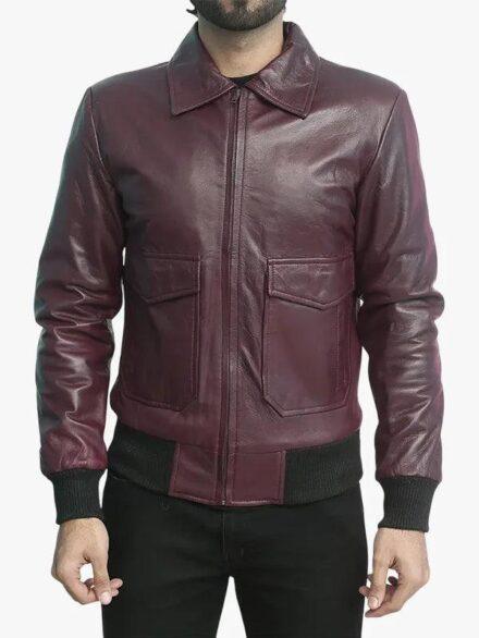 Ernesto Mens Maroon Leather BomberJacket