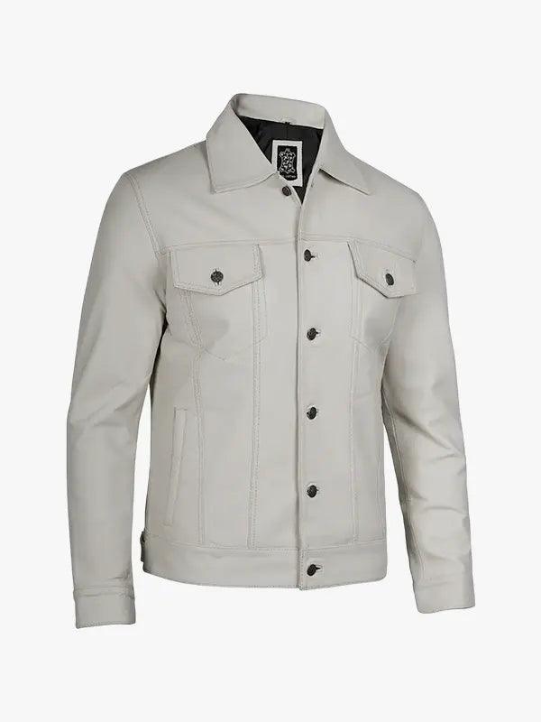 Four Pocket Off White Men s Leather Trucker Jacket