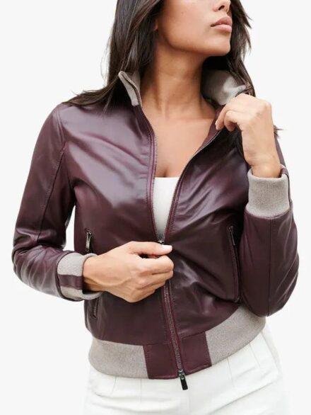 G155 Burgundy natural leather bomber jacket