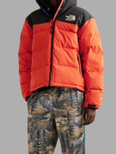 GUCCI The North Face Logo Embroidered Colour Block Quilted Shell Down Jacket Orange