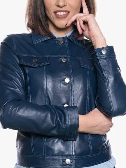 Giusy Women s Jacket With Blue Genuine Leather