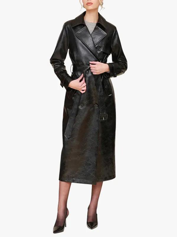 Glazed Faux Ever LeaGlazed Faux Ever Leather Belted Trench Coatther Belted Trench Coat 1