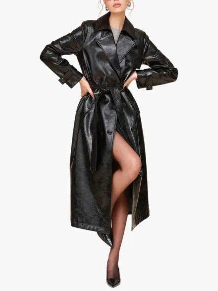 Glazed Faux Ever Leather Black Trench Coat With Belted