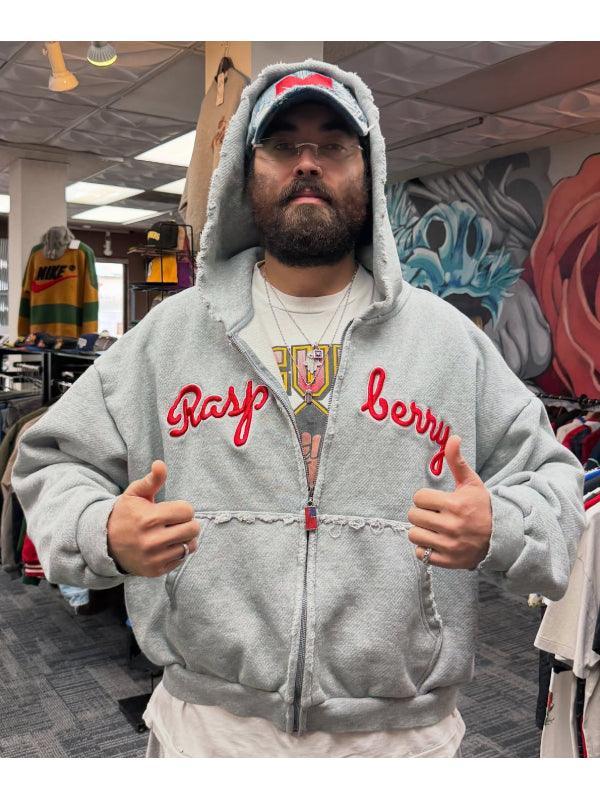 Gold Vintage Raspberry Hills Script Zip Up Hoodie Grey