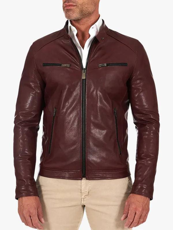 Hamilton Bordeaux Vegetable Leather Jacket Four Zipper Pockets Vintage Effect For Men s