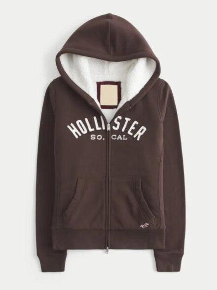 Hollister Holiday Vault Release Sherpa Lined Zip Up Logo Graphic Hoodie