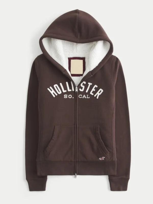 Hollister Holiday Vault Release Sherpa Lined Zip Up Logo Graphic Hoodie
