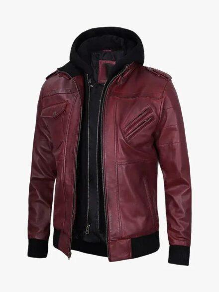 Hood in Burgundy Leather Jacket